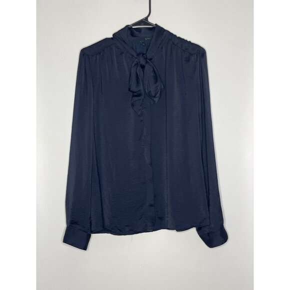 Stile Benetton Long Sleeve Tie Neck‎ Button Front BLouse Navy Blue SIze Small - Picture 1 of 11